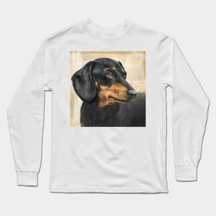 Painting of a Dachshund with Black and Gold Coat, on Beige Background Long Sleeve T-Shirt